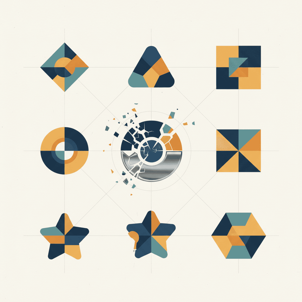 Editorial illustration of a fractured chrome browser extension icon dissolving into seven smaller modular cloud-shaped t