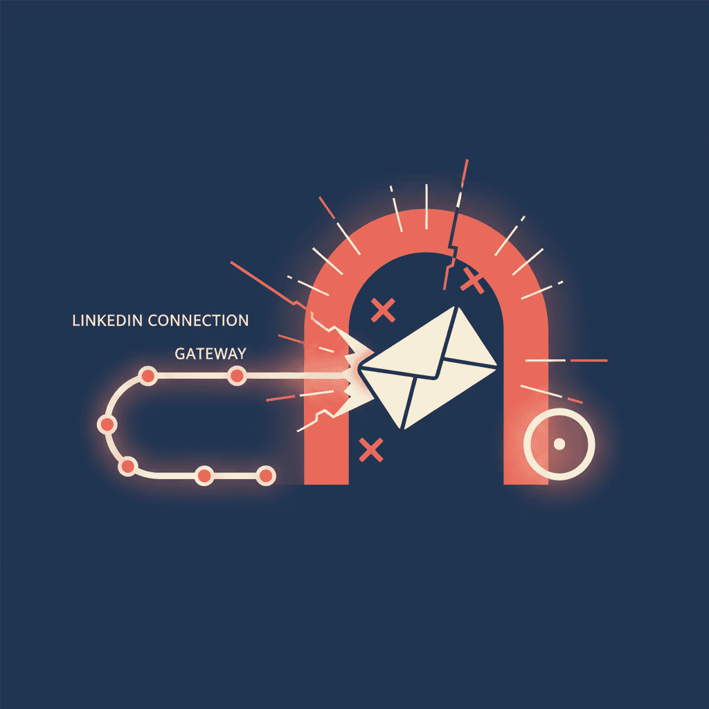 Editorial illustration of an email envelope being rejected at a glowing SMTP gateway while a LinkedIn connection path re