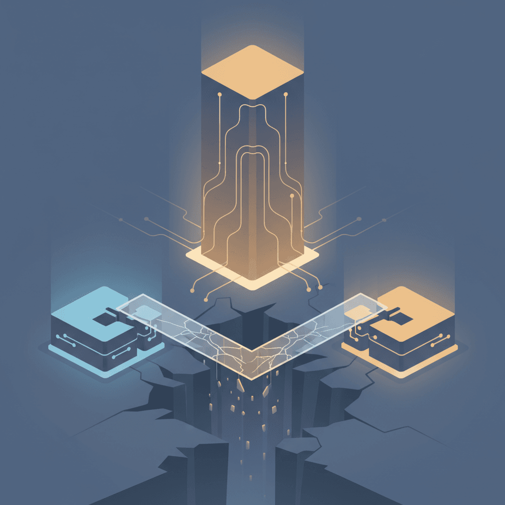 Editorial illustration of two distinct software platforms connected by a thin fragile bridge with cracks, contrasted aga