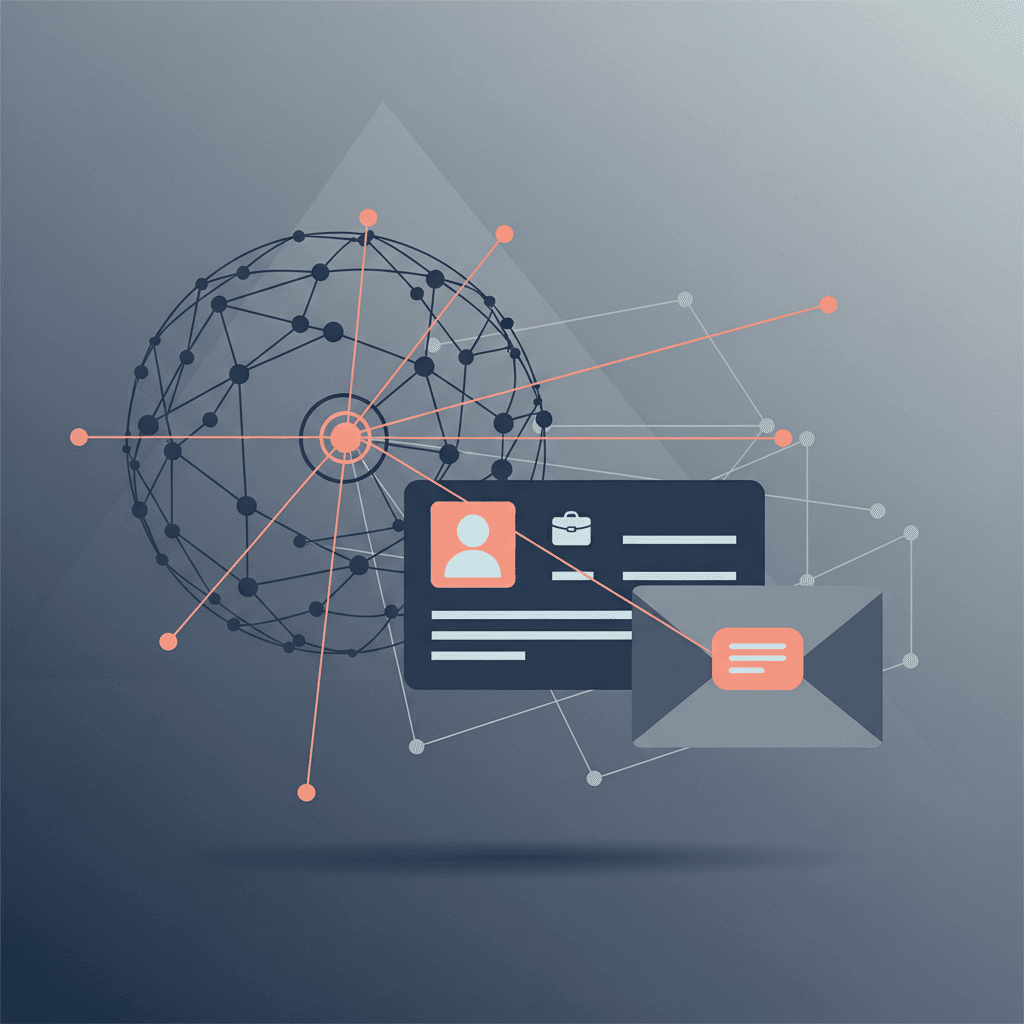 Editorial illustration of a stylized neural-network sphere scanning a LinkedIn-style profile card and a message envelope