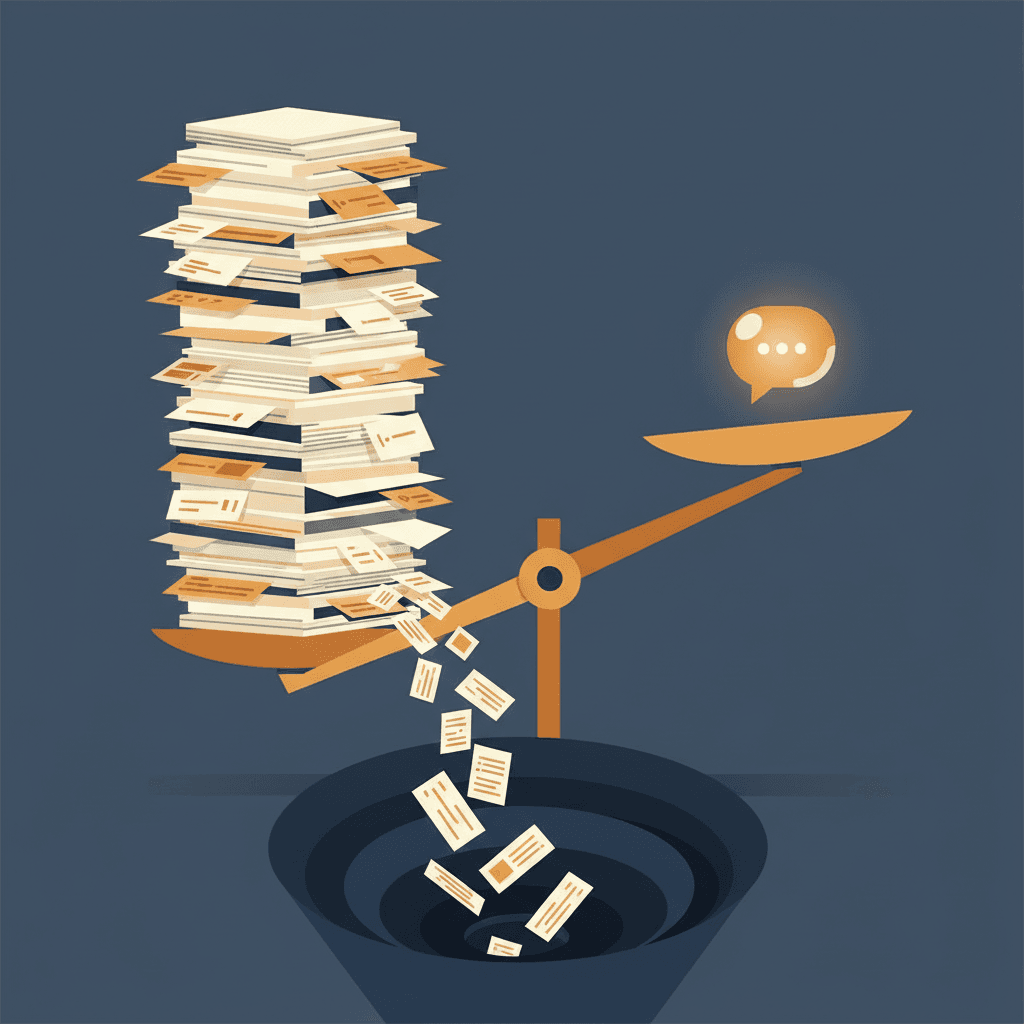 Editorial illustration of a tilted scale with stacked paper messages on one side and a small glowing reply bubble on the