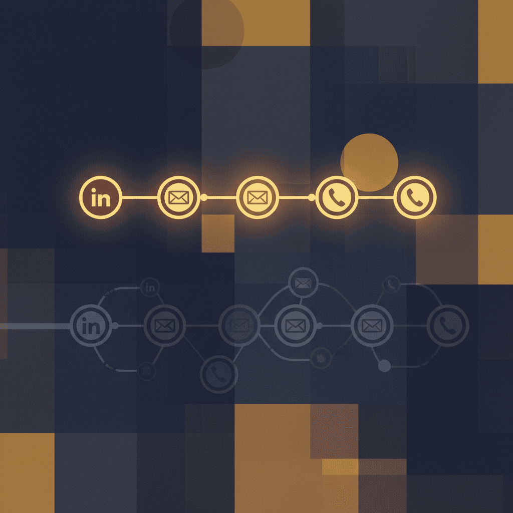 Editorial illustration of two parallel outbound sequence paths — one short and direct with five glowing nodes connecting