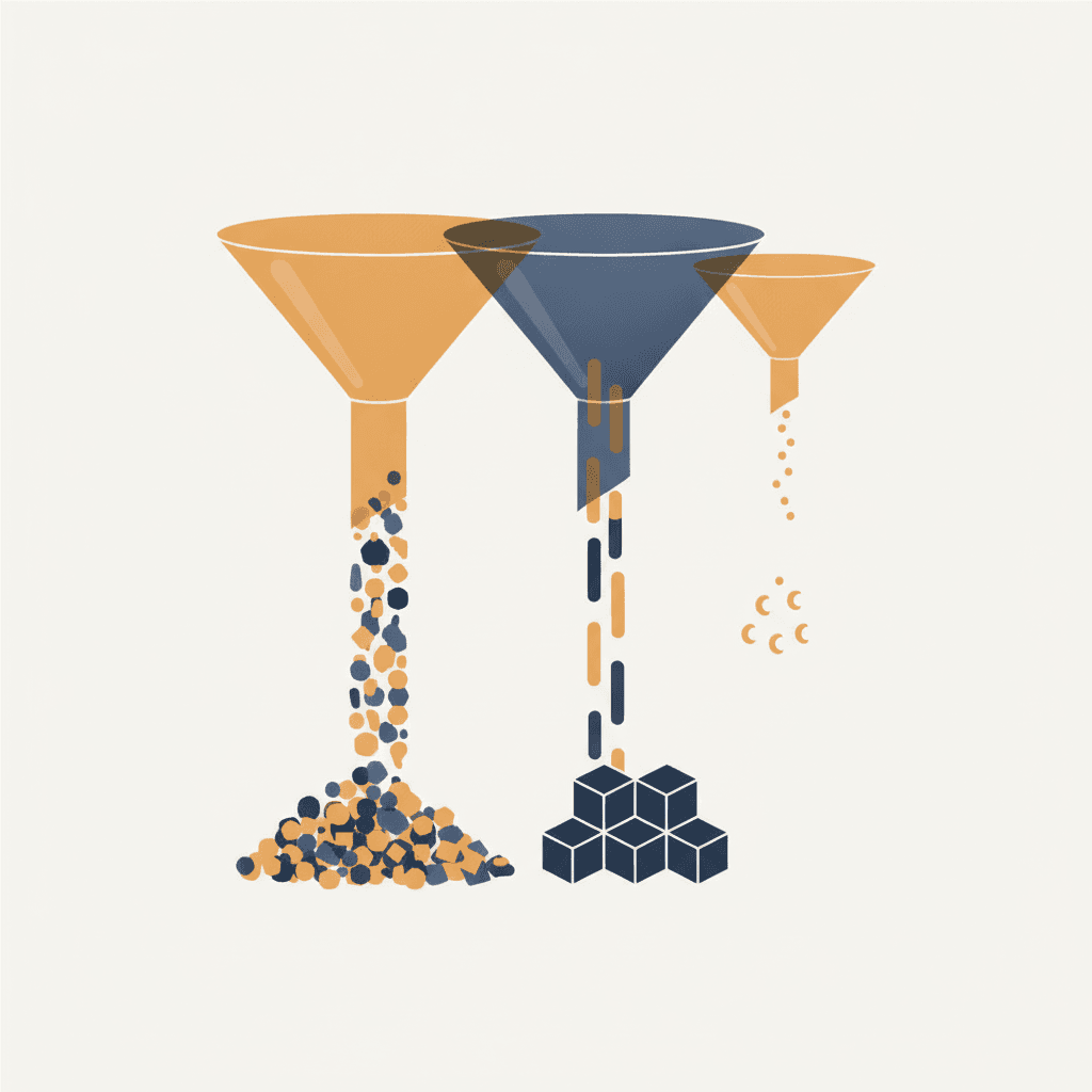 Editorial illustration of three overlapping translucent funnels labeled 'sent', 'delivered', 'replied' with mismatched o