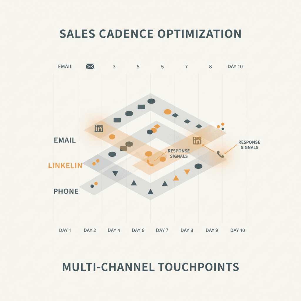 Editorial illustration of a layered cadence timeline showing email, LinkedIn, and phone touchpoints across 10 days, with