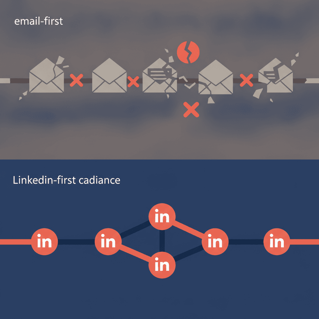 Editorial illustration showing two parallel timelines: a crumbling email-first sequence with red rejection symbols vs. a