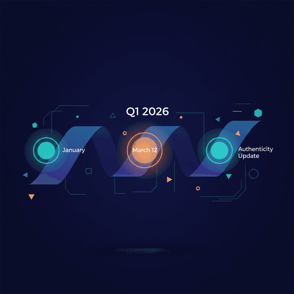 Editorial illustration of a Q1 2026 timeline ribbon with three glowing nodes labeled January, March 12, and Authenticity