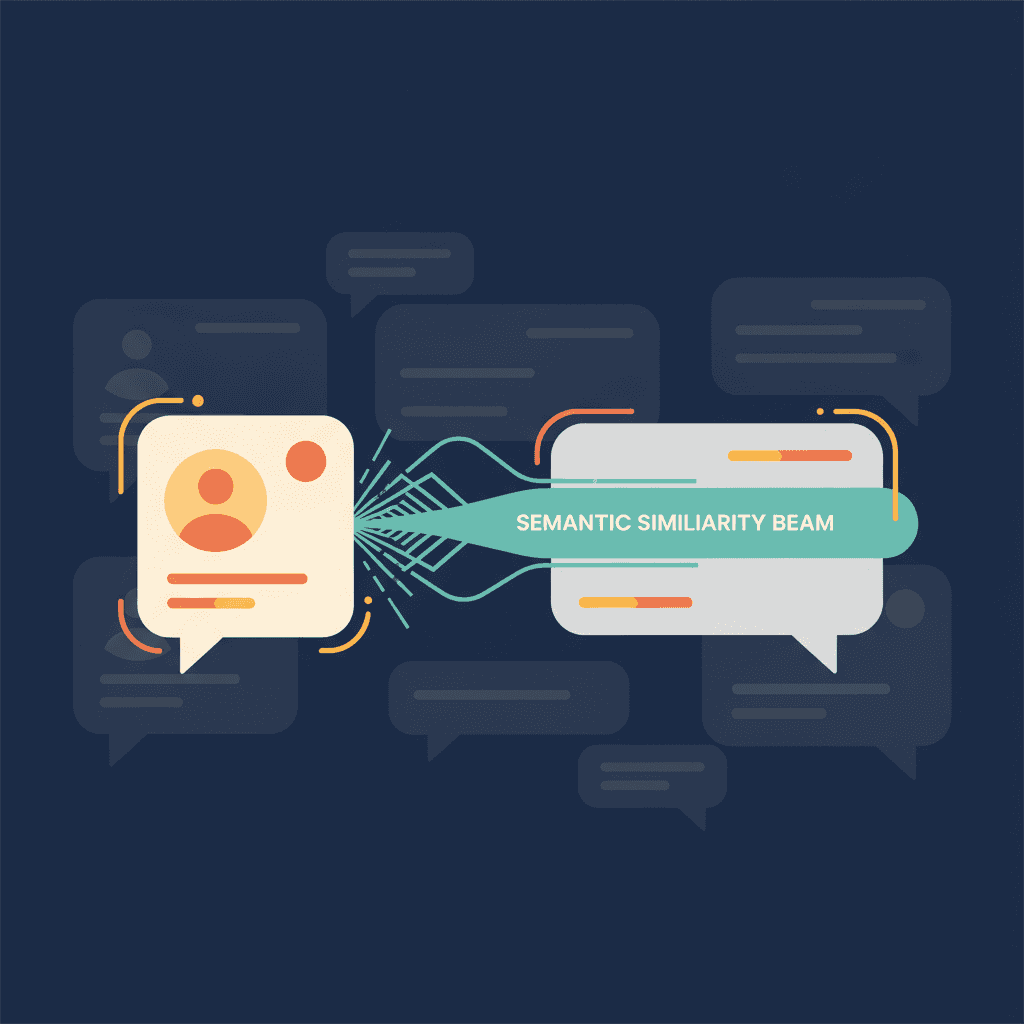 Editorial illustration of a sender profile card mirrored against a message bubble, with a semantic-similarity beam conne